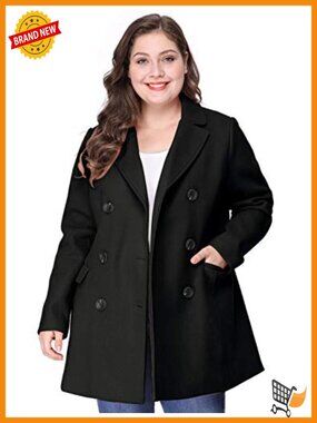 Women Plus Size Notched Lapel Double Breasted Pea Coat Full Lined Long Sleeve